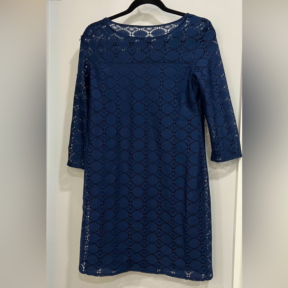 Blue Dressbarn lacy dress, size 6. Mid thigh, lacy long sleeves.
